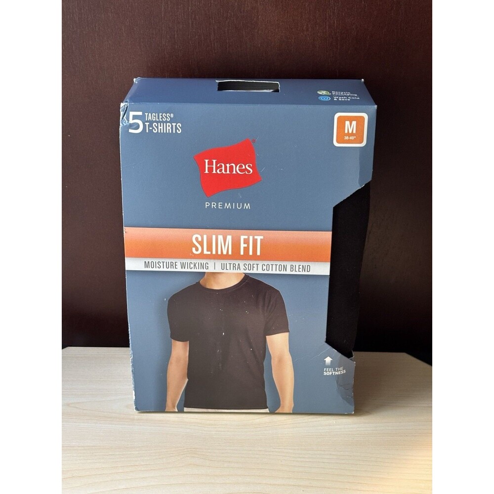 Hanes Men’s Premium 5pk Slim Fit Crew Neck T-Shirt Black Medium Moisture Wicking